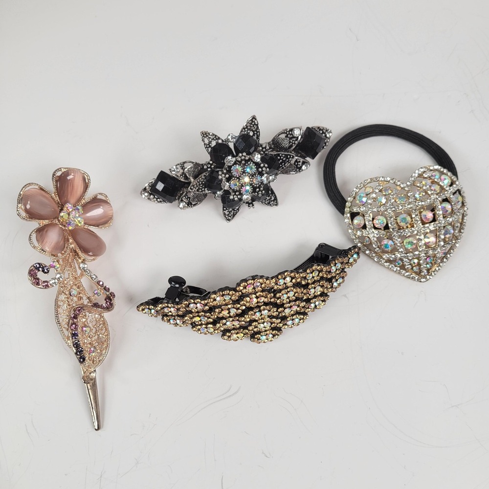 Rhinestone‎ Hair Clips Barrettes Womens Multicolor Metal Flower Heart Set Of 4
